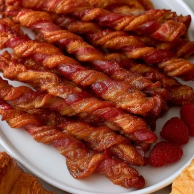 Plate of crispy bacon twists served as a snack