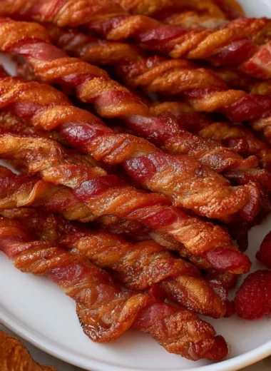 Plate of crispy bacon twists served as a snack