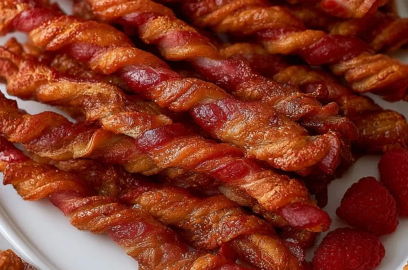 Plate of crispy bacon twists served as a snack
