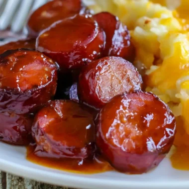 Baked BBQ sausage served on a plate with barbecue sauce and sides.