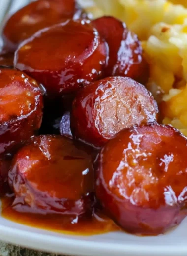 Baked BBQ sausage served on a plate with barbecue sauce and sides.