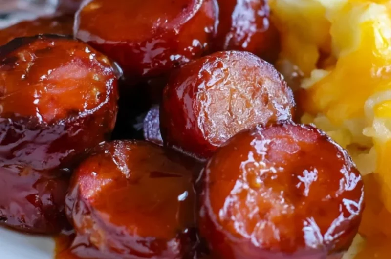 Baked BBQ sausage served on a plate with barbecue sauce and sides.