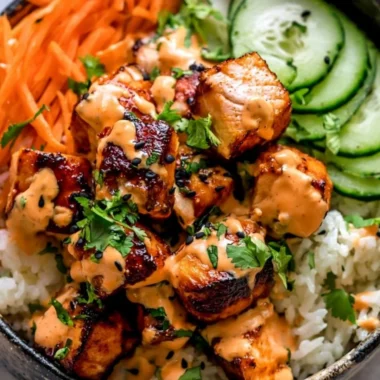 Delicious Bang Bang Salmon Bowl topped with fresh ingredients and spicy sauce.