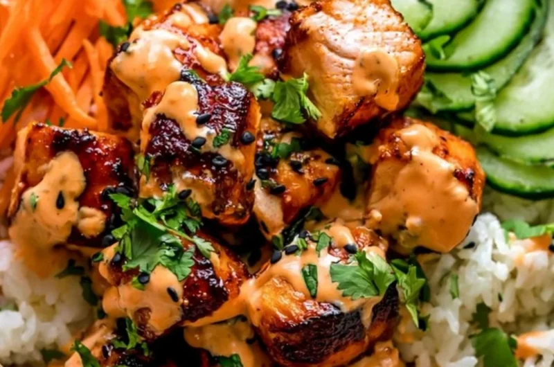 Delicious Bang Bang Salmon Bowl topped with fresh ingredients and spicy sauce.
