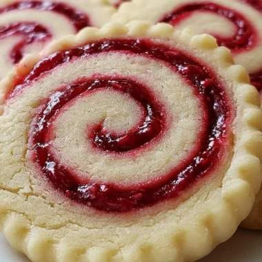 Buttery raspberry swirl shortbread cookies with vibrant red raspberry swirls