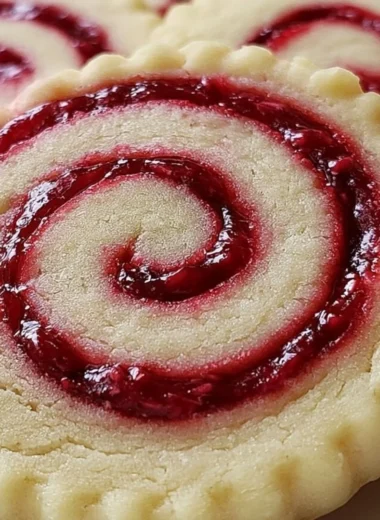 Buttery raspberry swirl shortbread cookies with vibrant red raspberry swirls