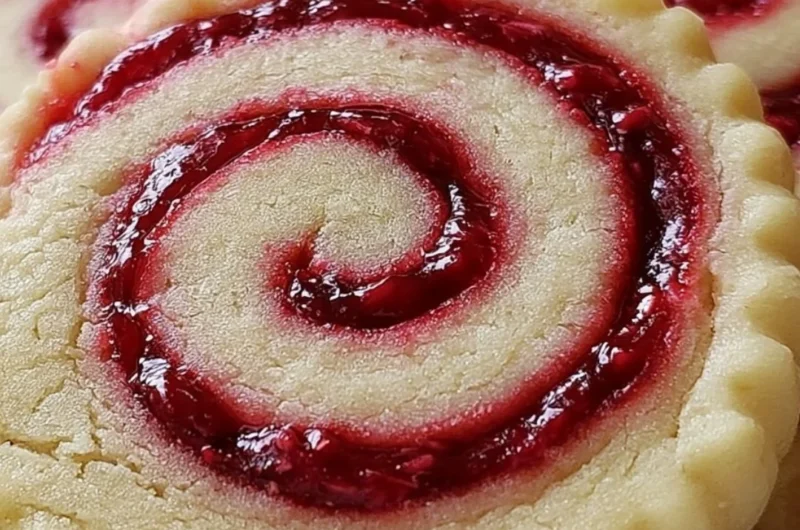 Buttery raspberry swirl shortbread cookies with vibrant red raspberry swirls