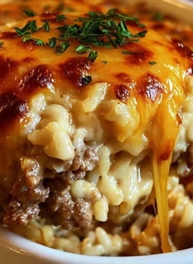 Cheesy ground beef rice casserole in a baking dish, ready to serve.