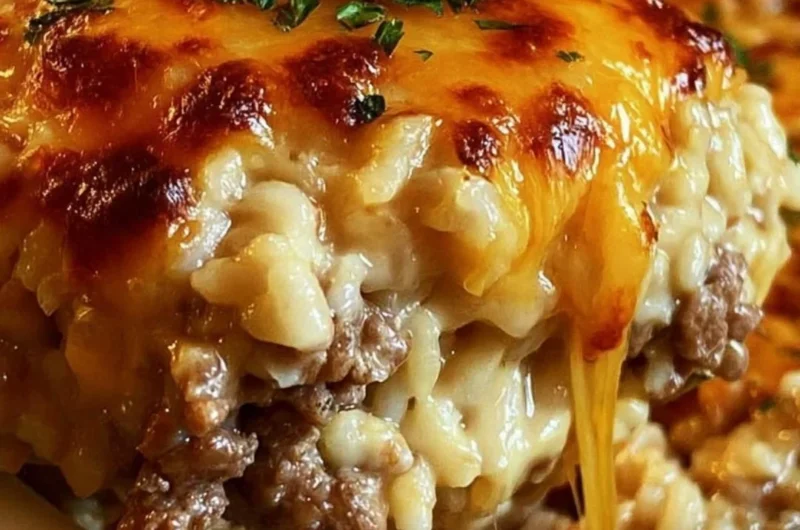 Cheesy ground beef rice casserole in a baking dish, ready to serve.