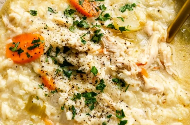 Bowl of homemade Chicken Rice Soup with carrots and herbs