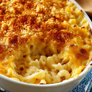 A bowl of creamy baked macaroni and cheese topped with golden breadcrumbs
