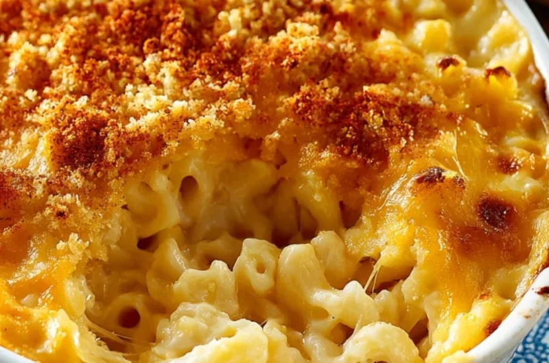 A bowl of creamy baked macaroni and cheese topped with golden breadcrumbs