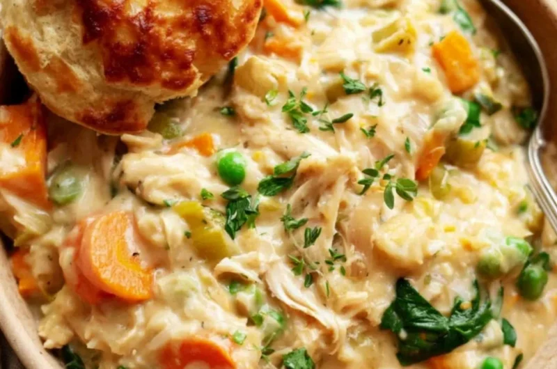 Homemade crustless chicken pot pie served in a bowl with vegetables