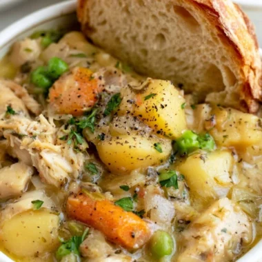 Bowl of easy slow cooker chicken stew with vegetables and herbs.