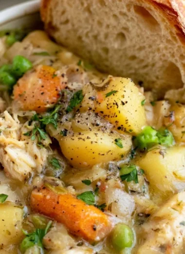 Bowl of easy slow cooker chicken stew with vegetables and herbs.