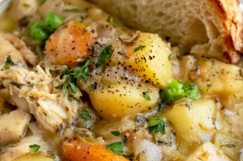 Bowl of easy slow cooker chicken stew with vegetables and herbs.