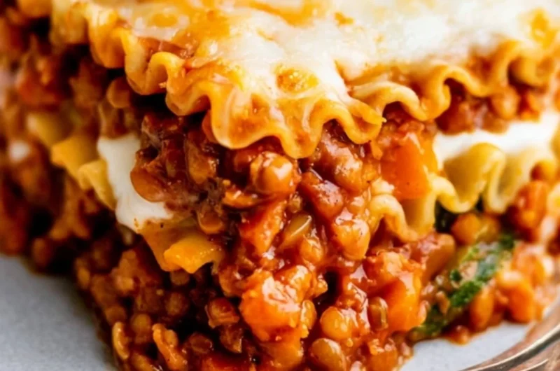 Plate of easy vegan lentil lasagna topped with fresh herbs and cheese alternatives