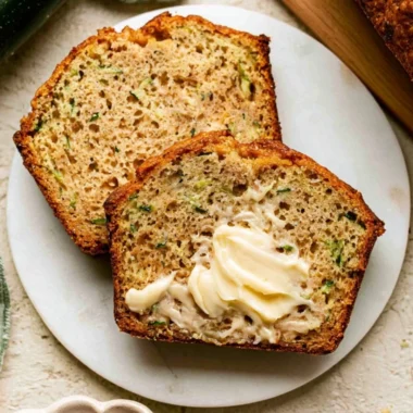 Delicious Greek Yogurt Zucchini Bread freshly baked with green zucchini