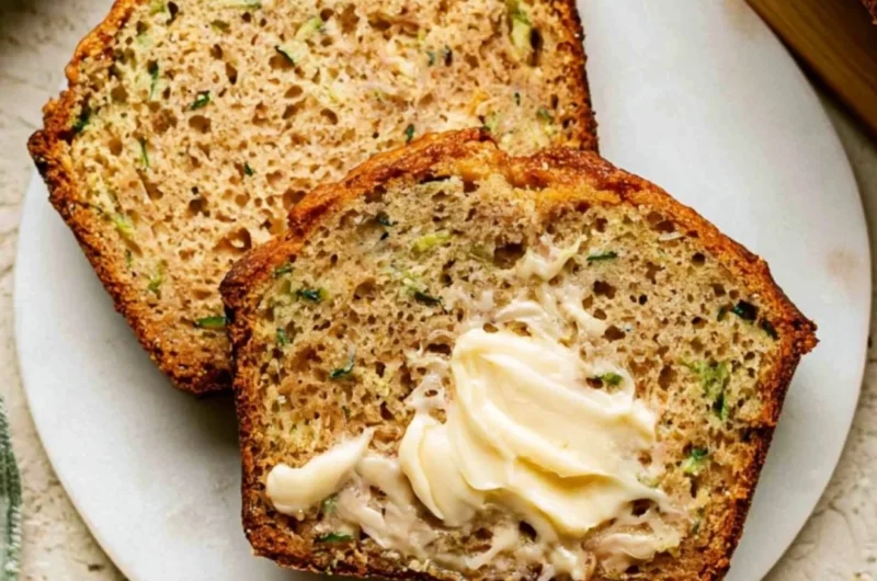 Delicious Greek Yogurt Zucchini Bread freshly baked with green zucchini