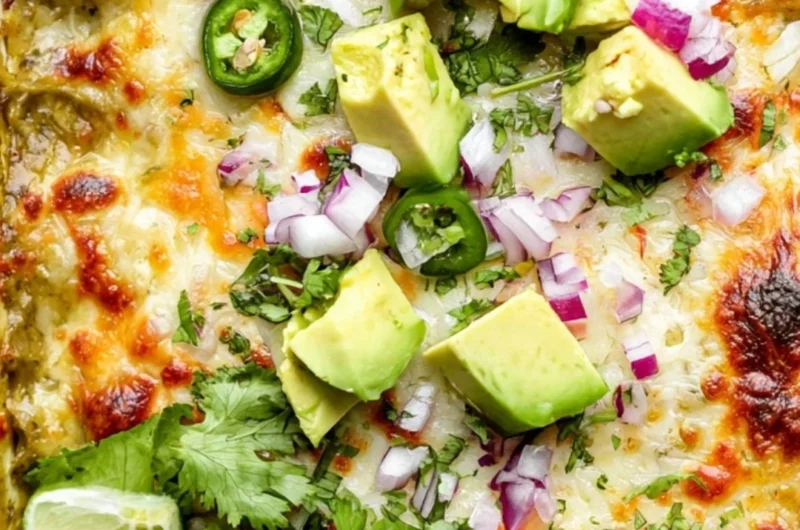 Delicious Green Chicken Enchilada Casserole topped with cheese and green sauce
