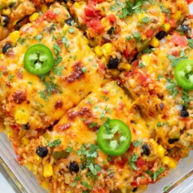 Healthy vegetarian rice and bean casserole served in a dish.