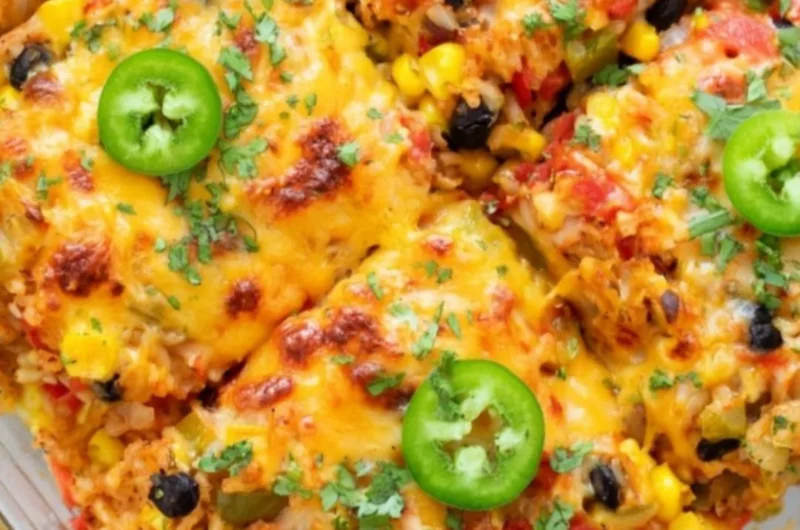Healthy vegetarian rice and bean casserole served in a dish.