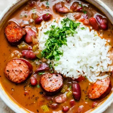 A hearty bowl of Louisiana Red Beans and Rice served with sausage and herbs.
