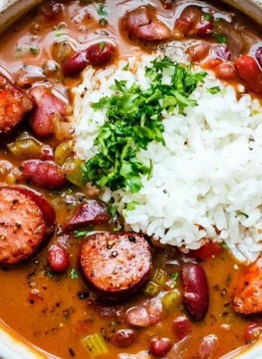 A hearty bowl of Louisiana Red Beans and Rice served with sausage and herbs.