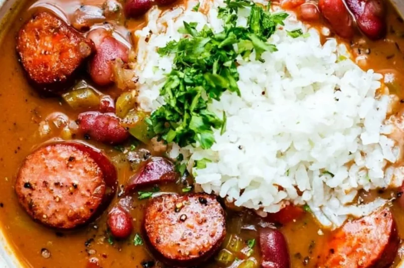 A hearty bowl of Louisiana Red Beans and Rice served with sausage and herbs.