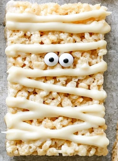 Mummy Rice Krispie Treats decorated for Halloween