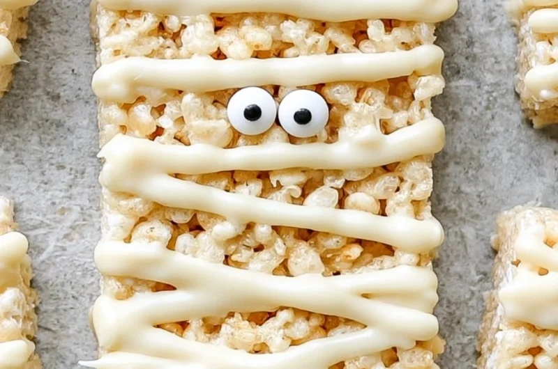 Mummy Rice Krispie Treats decorated for Halloween