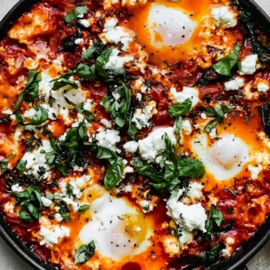 Delicious no-bake stovetop shakshuka served in a colorful skillet