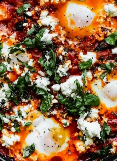Delicious no-bake stovetop shakshuka served in a colorful skillet