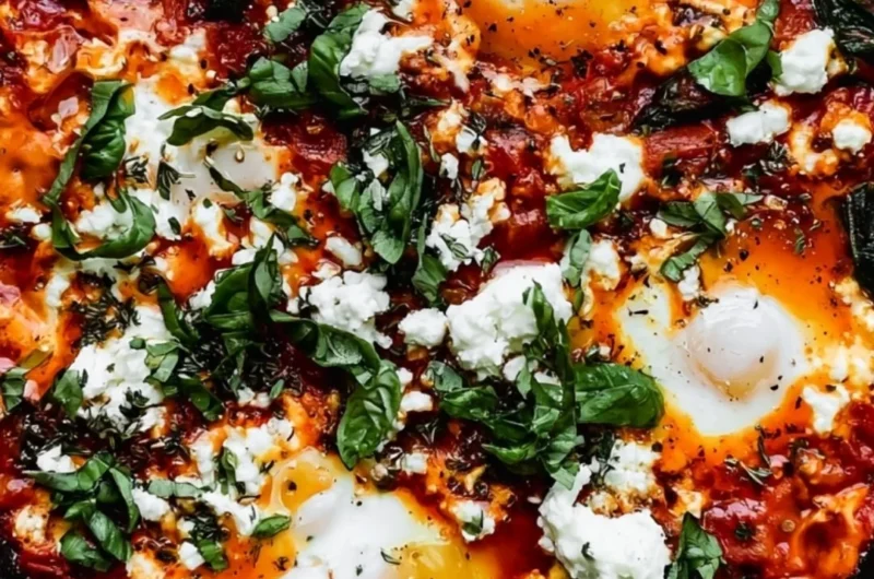 Delicious no-bake stovetop shakshuka served in a colorful skillet