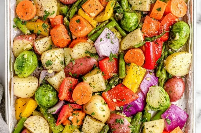 A colorful plate of oven-roasted vegetables, including carrots, bell peppers, and zucchini.