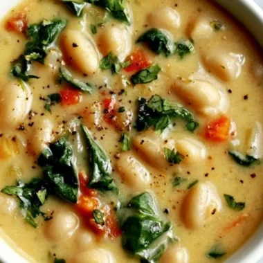 Bowl of high protein white bean soup garnished with herbs and spices.