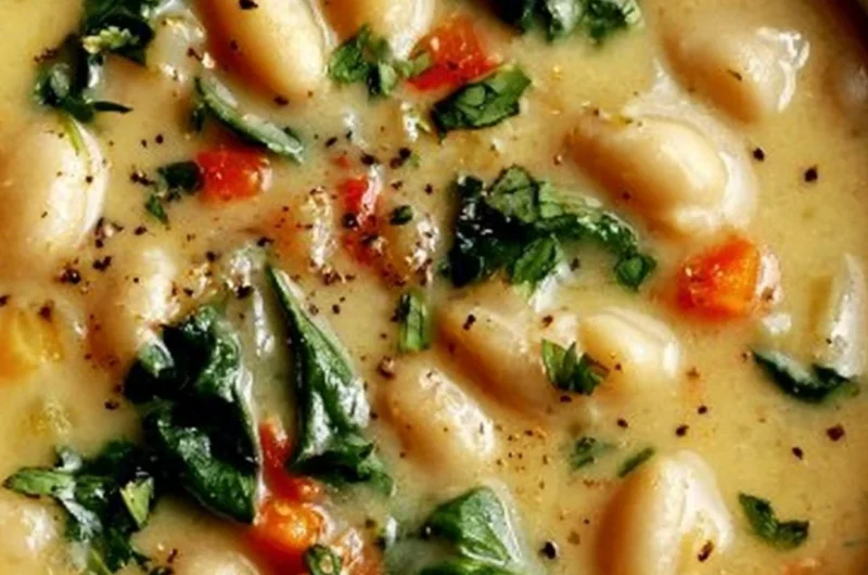 Bowl of high protein white bean soup garnished with herbs and spices.
