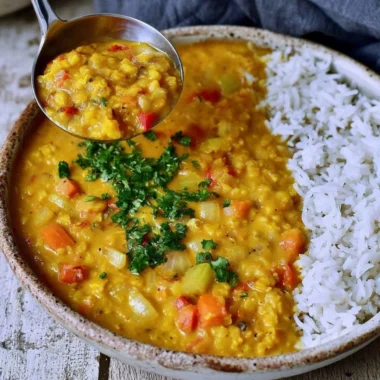 Bowl of Red Lentil Dahl garnished with cilantro and spices