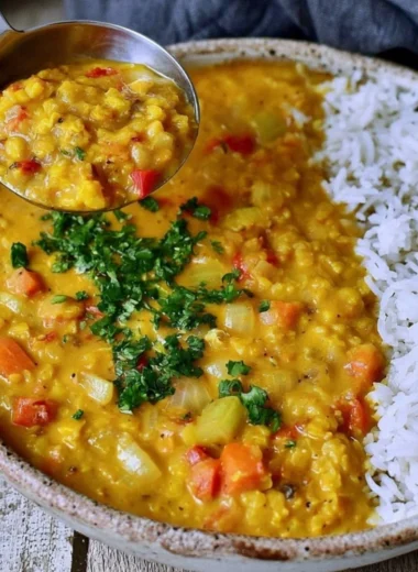 Bowl of Red Lentil Dahl garnished with cilantro and spices