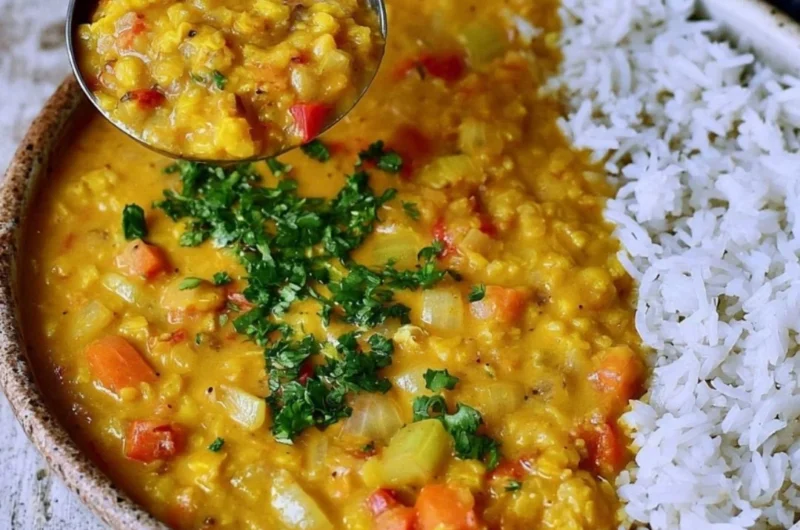 Bowl of Red Lentil Dahl garnished with cilantro and spices
