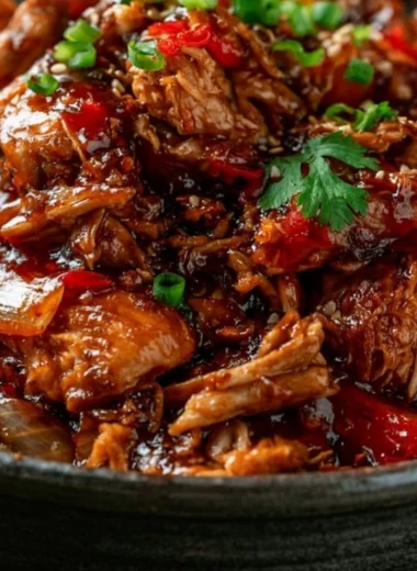 Slow Cooker Sweet Chili Chicken in a bowl garnished with green onions