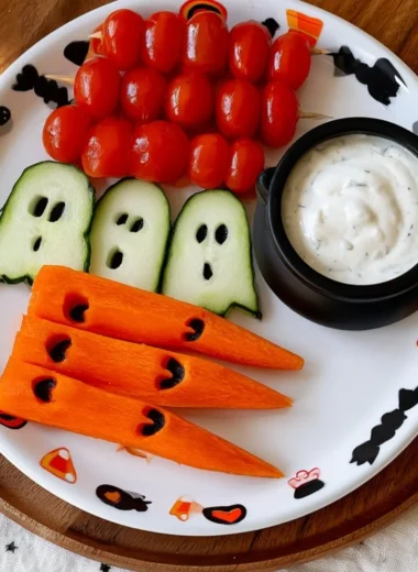 Colorful veggie ghosts for Halloween decorations and recipes.