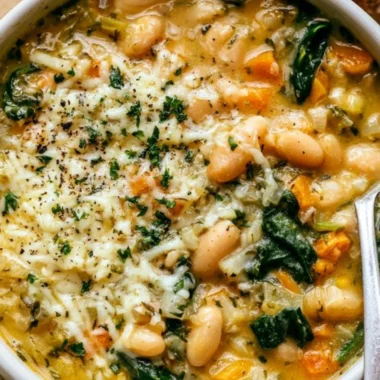 Bowl of delicious white bean soup garnished with herbs and served with crusty bread.