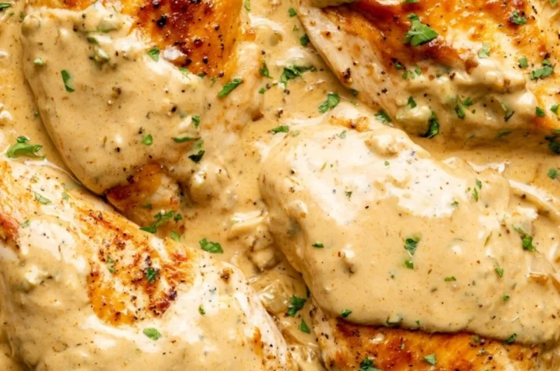 Creamy Boursin Chicken dish served on a plate with herbs and sides.