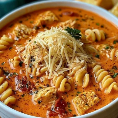 A bowl of Chicken Parmesan Soup made in a slow cooker with cheesy topping.