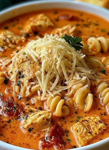A bowl of Chicken Parmesan Soup made in a slow cooker with cheesy topping.