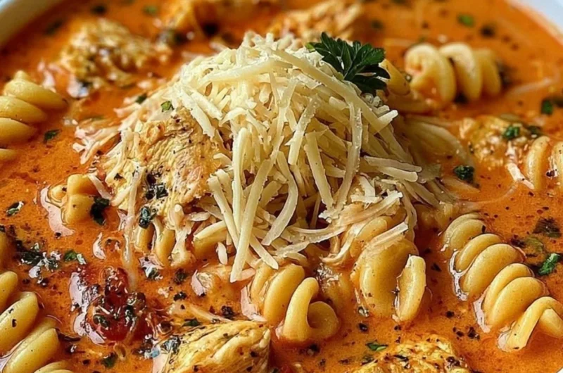 A bowl of Chicken Parmesan Soup made in a slow cooker with cheesy topping.