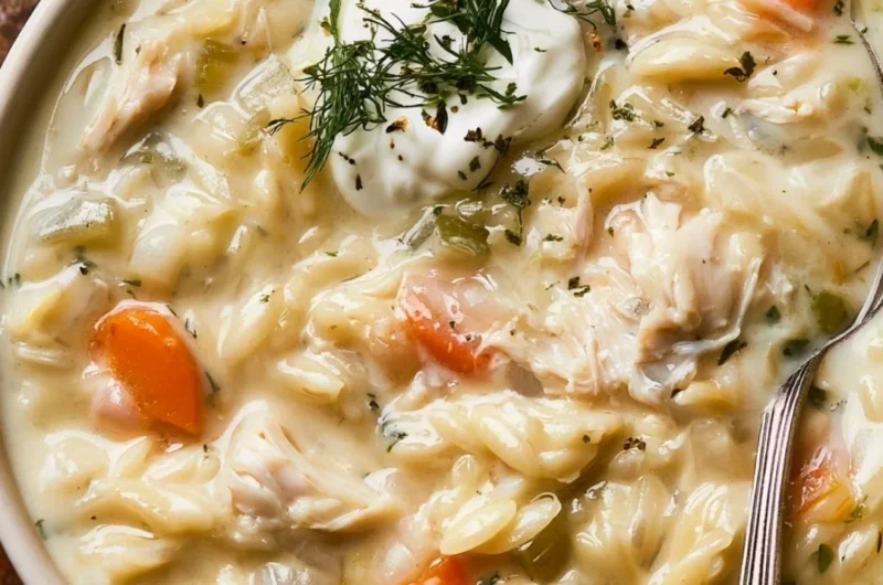 Bowl of creamy chicken orzo soup garnished with herbs