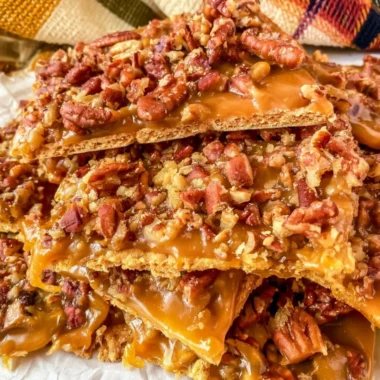 Delicious easy pecan cracker toffee on a plate ready to serve