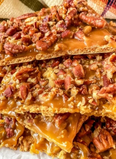 Delicious easy pecan cracker toffee on a plate ready to serve